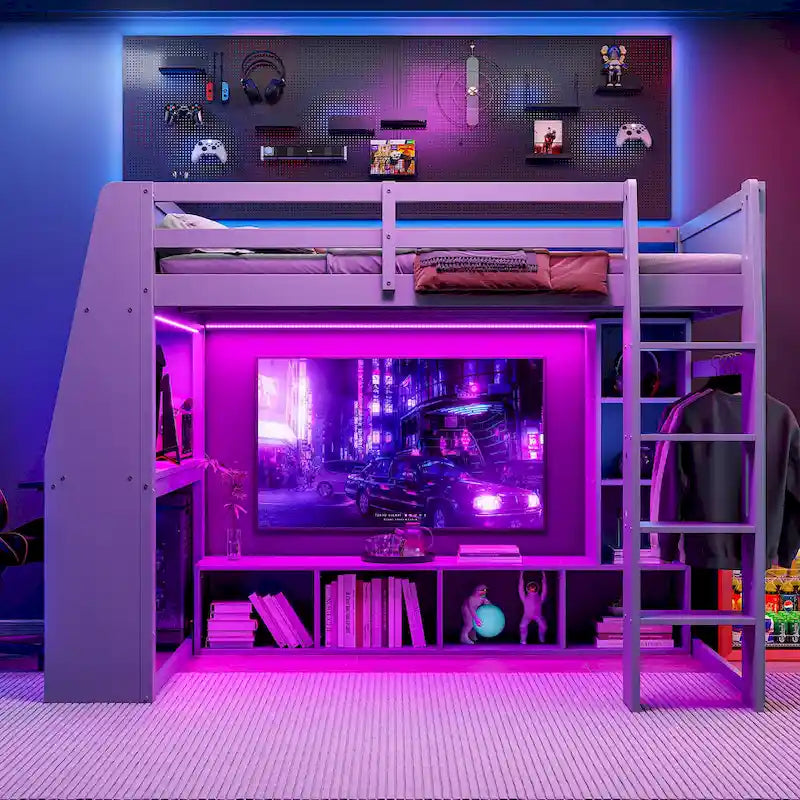 Cama alta de madera para juegos de adolescentes con estantes de almacenamiento múltiple y escritorio debajo de la cama, estructura de cama para dormitorio con LED y perchero