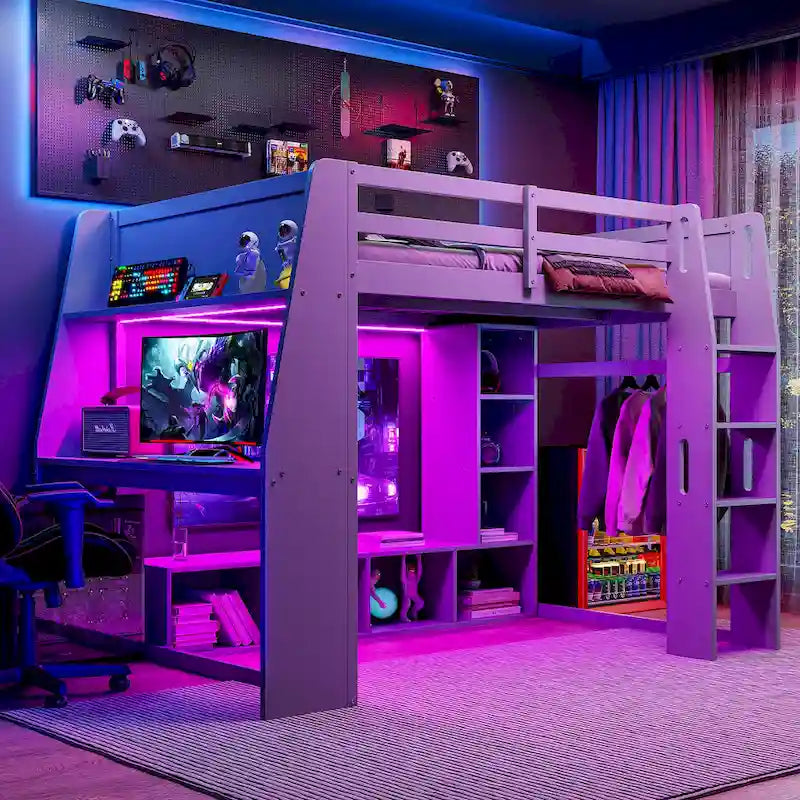 Cama alta de madera para juegos de adolescentes con estantes de almacenamiento múltiple y escritorio debajo de la cama, estructura de cama para dormitorio con LED y perchero