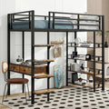 Cama alta de metal individual con escritorio, escalera, barandilla y estantes para niños y niñas, dormitorio