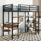 Cama alta de metal individual con escritorio, escalera, barandilla y estantes para niños y niñas, dormitorio