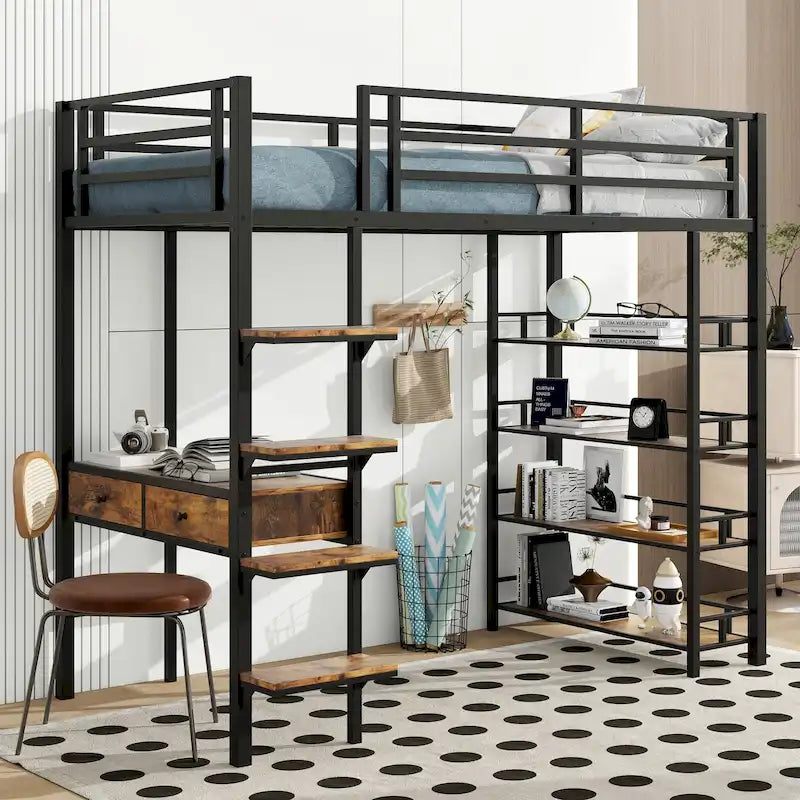 Cama alta de metal individual con escritorio, escalera, barandilla y estantes para niños y niñas, dormitorio