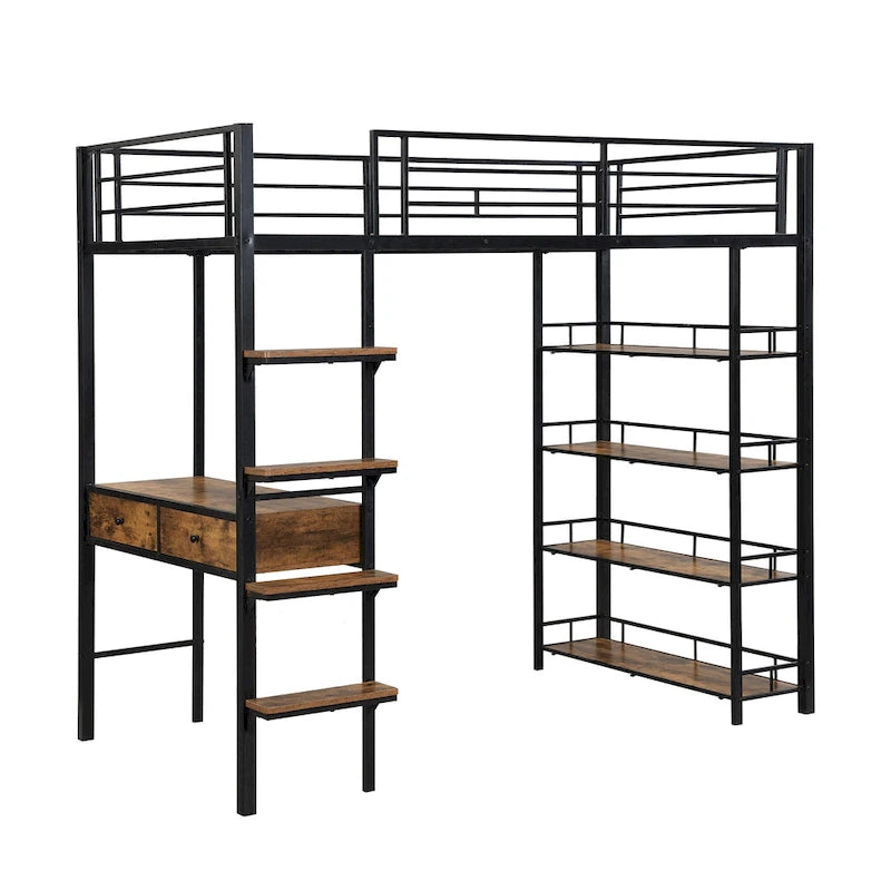 Cama alta de metal individual con escritorio, escalera, barandilla y estantes para niños y niñas, dormitorio