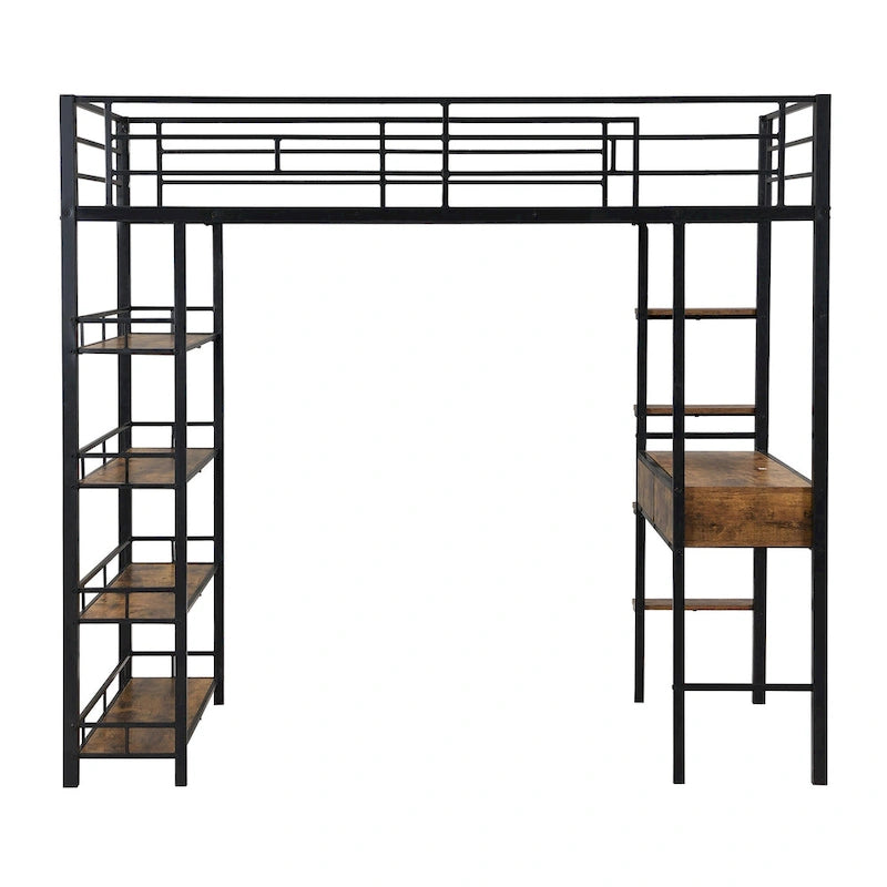 Cama alta de metal individual con escritorio, escalera, barandilla y estantes para niños y niñas, dormitorio