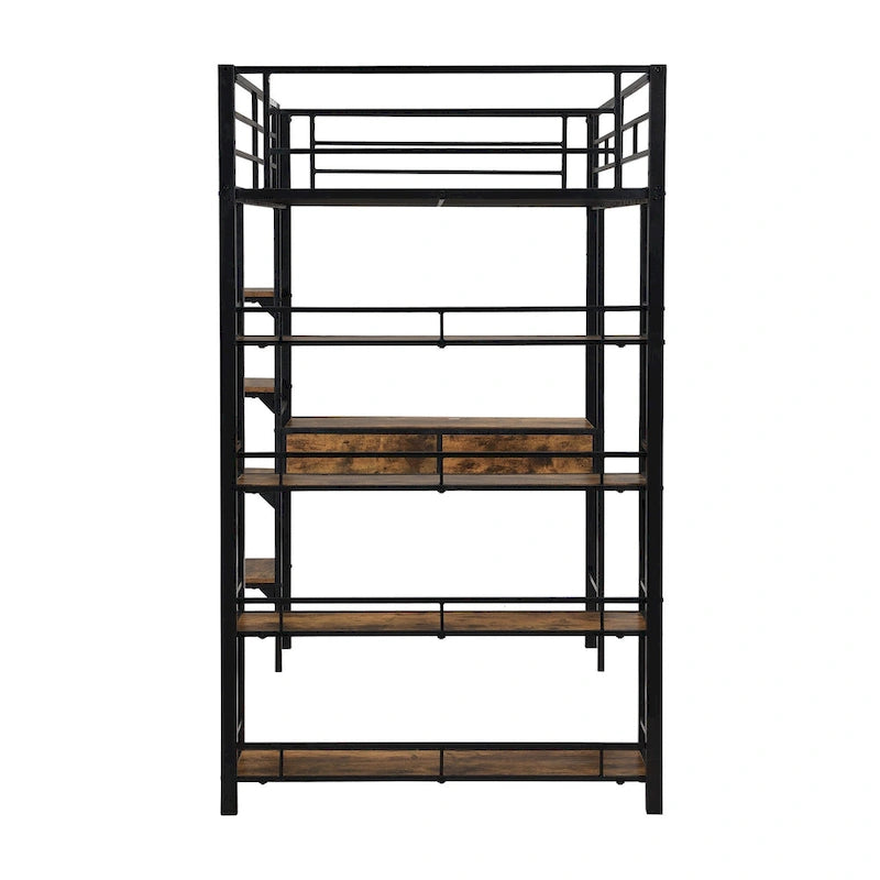 Cama alta de metal individual con escritorio, escalera, barandilla y estantes para niños y niñas, dormitorio
