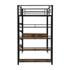 Cama alta de metal individual con escritorio, escalera, barandilla y estantes para niños y niñas, dormitorio