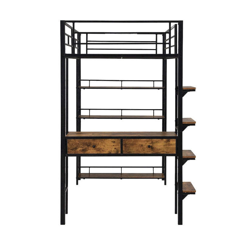 Cama alta de metal individual con escritorio, escalera, barandilla y estantes para niños y niñas, dormitorio