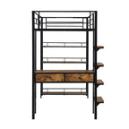 Cama alta de metal individual con escritorio, escalera, barandilla y estantes para niños y niñas, dormitorio