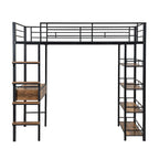 Cama alta de metal individual con escritorio, escalera, barandilla y estantes para niños y niñas, dormitorio