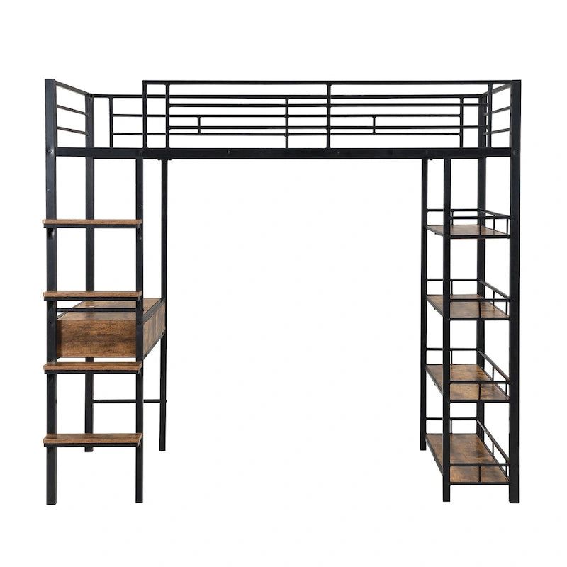 Cama alta de metal individual con escritorio, escalera, barandilla y estantes para niños y niñas, dormitorio