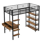 Cama alta de metal individual con escritorio, escalera, barandilla y estantes para niños y niñas, dormitorio