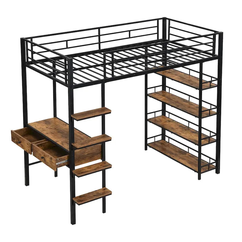Cama alta de metal individual con escritorio, escalera, barandilla y estantes para niños y niñas, dormitorio