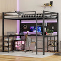 Cama alta de metal tamaño Full XL con escritorio y estantes, cama alta con escalera y barandillas, armazón de cama alta para dormitorio