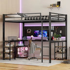 Cama alta de metal tamaño Full XL con escritorio y estantes, cama alta con escalera y barandillas, armazón de cama alta para dormitorio