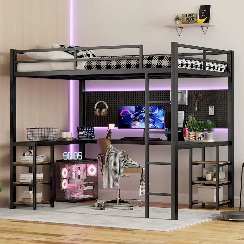 Cama alta de metal tamaño Full XL con escritorio y estantes, cama alta con escalera y barandillas, armazón de cama alta para dormitorio