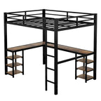 Cama alta de metal tamaño Full XL con escritorio y estantes, cama alta con escalera y barandillas, armazón de cama alta para dormitorio