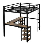 Cama alta de metal tamaño Full XL con escritorio y estantes, cama alta con escalera y barandillas, armazón de cama alta para dormitorio