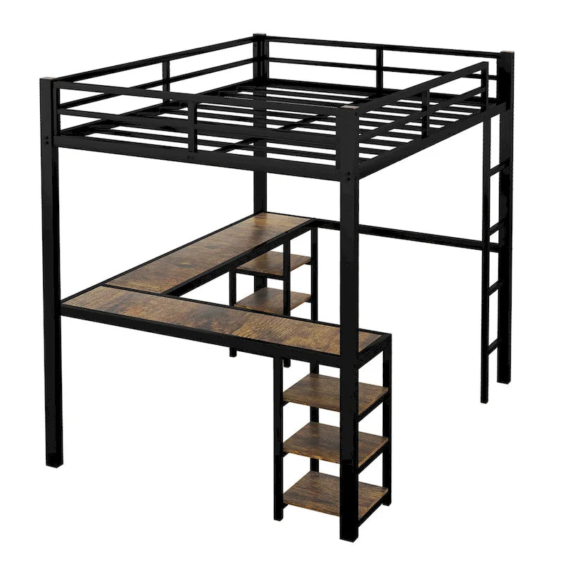 Cama alta de metal tamaño Full XL con escritorio y estantes, cama alta con escalera y barandillas, armazón de cama alta para dormitorio