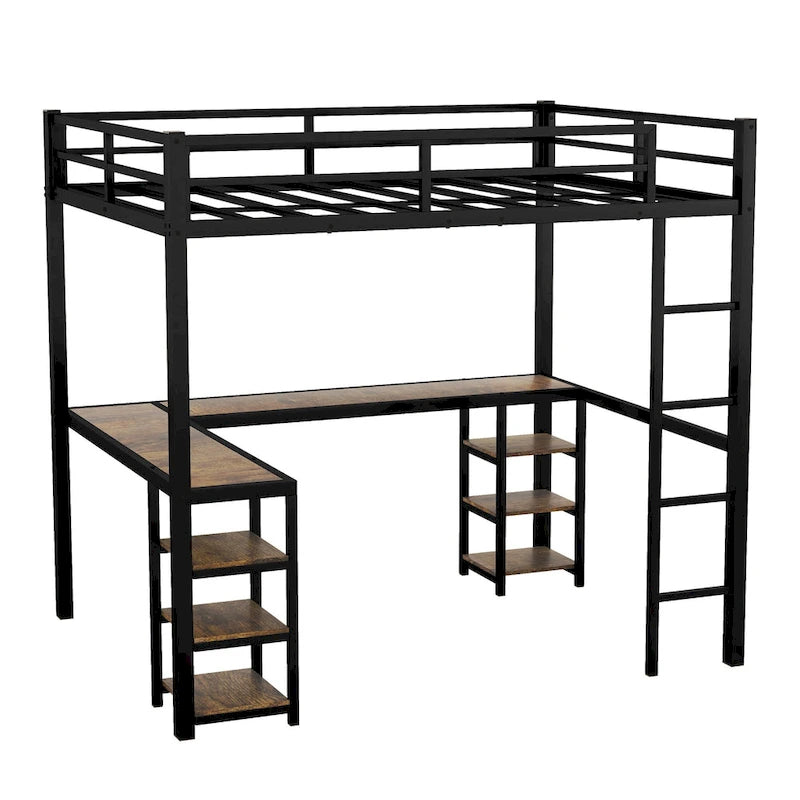Cama alta de metal tamaño Full XL con escritorio y estantes, cama alta con escalera y barandillas, armazón de cama alta para dormitorio