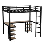 Cama alta de metal tamaño Full XL con escritorio y estantes, cama alta con escalera y barandillas, armazón de cama alta para dormitorio