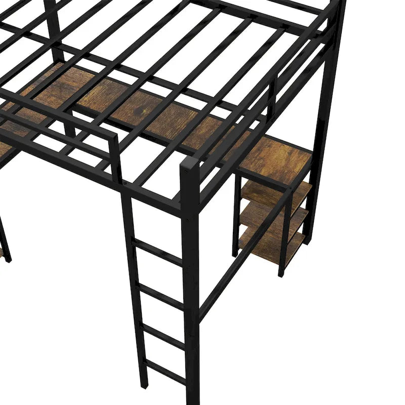Cama alta de metal tamaño Full XL con escritorio y estantes, cama alta con escalera y barandillas, armazón de cama alta para dormitorio
