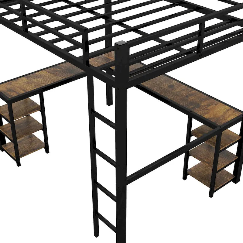 Cama alta de metal tamaño Full XL con escritorio y estantes, cama alta con escalera y barandillas, armazón de cama alta para dormitorio