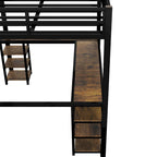 Cama alta de metal tamaño Full XL con escritorio y estantes, cama alta con escalera y barandillas, armazón de cama alta para dormitorio