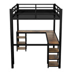 Cama alta de metal tamaño Full XL con escritorio y estantes, cama alta con escalera y barandillas, armazón de cama alta para dormitorio