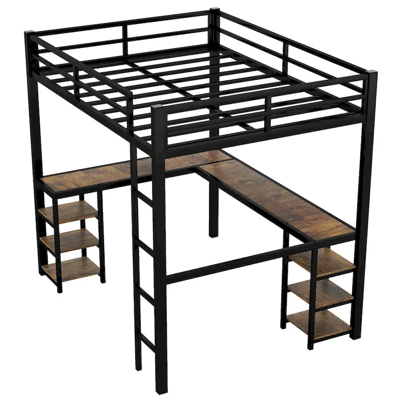Cama alta de metal tamaño Full XL con escritorio y estantes, cama alta con escalera y barandillas, armazón de cama alta para dormitorio