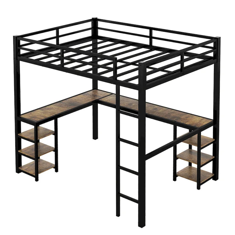 Cama alta de metal tamaño Full XL con escritorio y estantes, cama alta con escalera y barandillas, armazón de cama alta para dormitorio