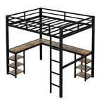 Cama alta de metal tamaño Full XL con escritorio y estantes, cama alta con escalera y barandillas, armazón de cama alta para dormitorio