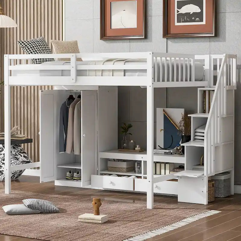 Cama alta de madera maciza tamaño matrimonial con armario, mesa baja de almacenamiento y escalera con espacio de almacenamiento
