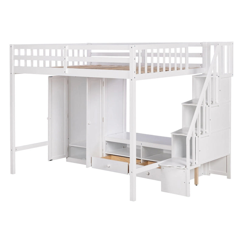 Cama alta de madera maciza tamaño matrimonial con armario, mesa baja de almacenamiento y escalera con espacio de almacenamiento