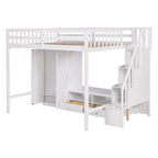 Cama alta de madera maciza tamaño matrimonial con armario, mesa baja de almacenamiento y escalera con espacio de almacenamiento