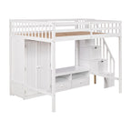 Cama alta de madera maciza tamaño matrimonial con armario, mesa baja de almacenamiento y escalera con espacio de almacenamiento