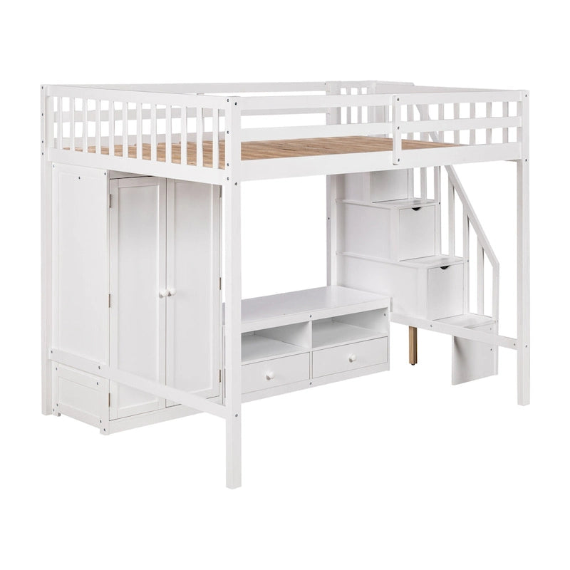 Cama alta de madera maciza tamaño matrimonial con armario, mesa baja de almacenamiento y escalera con espacio de almacenamiento