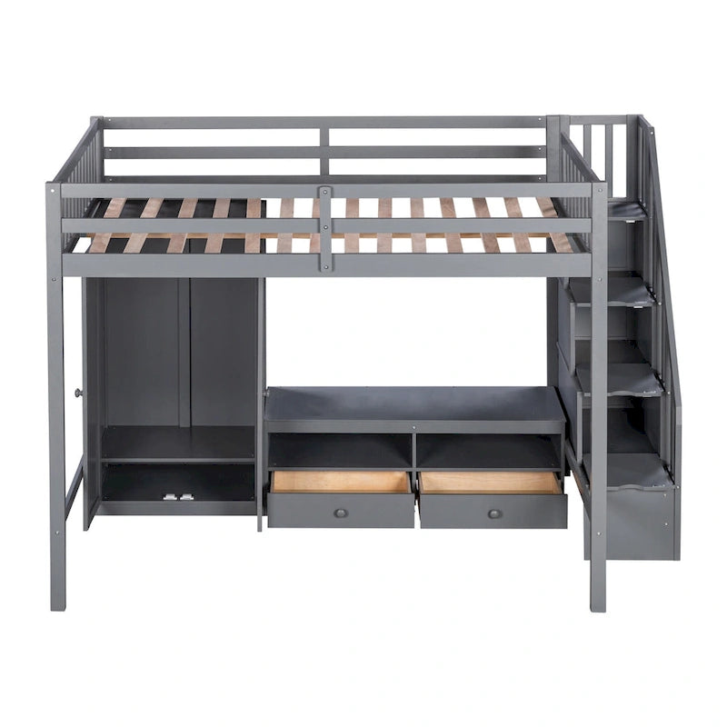 Cama alta de madera maciza tamaño matrimonial con armario, mesa baja de almacenamiento y escalera con espacio de almacenamiento