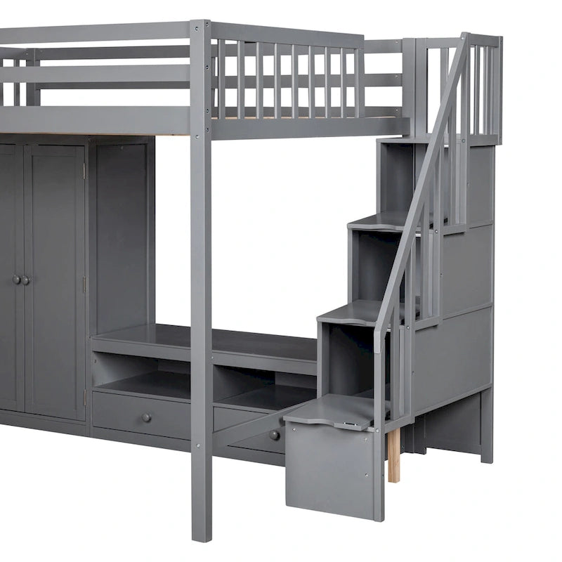 Cama alta de madera maciza tamaño matrimonial con armario, mesa baja de almacenamiento y escalera con espacio de almacenamiento