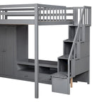 Cama alta de madera maciza tamaño matrimonial con armario, mesa baja de almacenamiento y escalera con espacio de almacenamiento