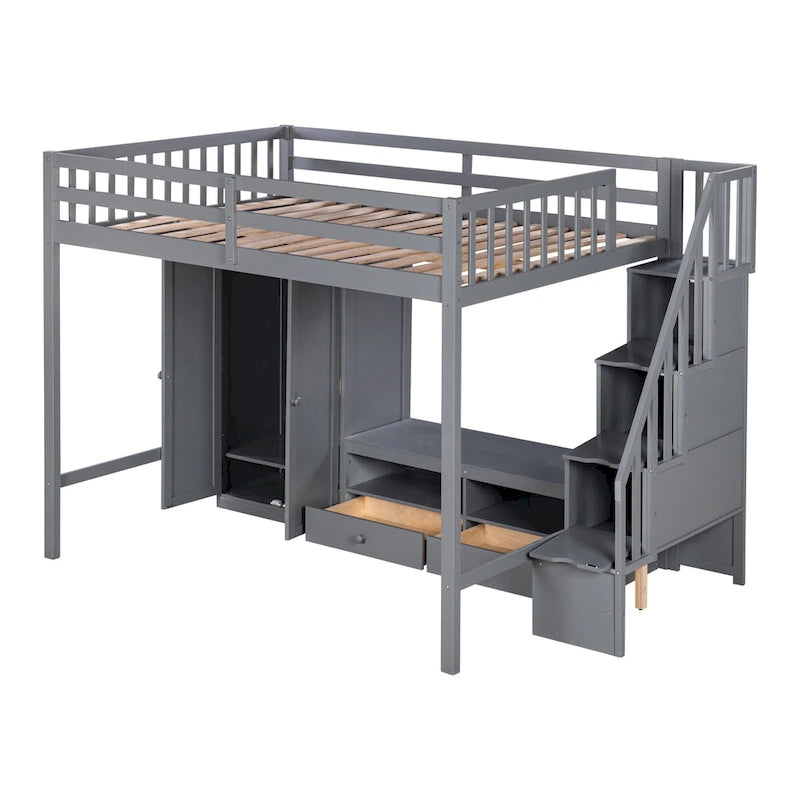 Cama alta de madera maciza tamaño matrimonial con armario, mesa baja de almacenamiento y escalera con espacio de almacenamiento