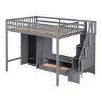 Cama alta de madera maciza tamaño matrimonial con armario, mesa baja de almacenamiento y escalera con espacio de almacenamiento