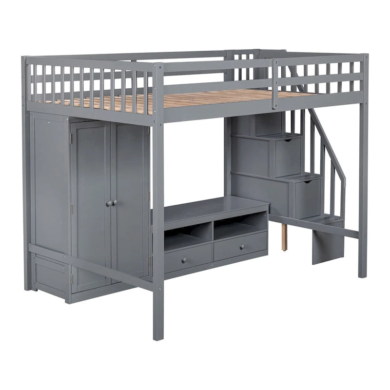 Cama alta de madera maciza tamaño matrimonial con armario, mesa baja de almacenamiento y escalera con espacio de almacenamiento
