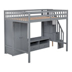 Cama alta de madera maciza tamaño matrimonial con armario, mesa baja de almacenamiento y escalera con espacio de almacenamiento