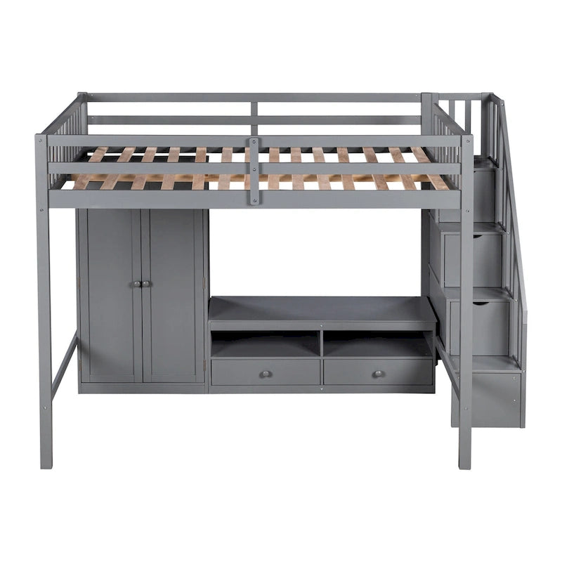 Cama alta de madera maciza tamaño matrimonial con armario, mesa baja de almacenamiento y escalera con espacio de almacenamiento