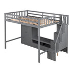 Cama alta de madera maciza tamaño matrimonial con armario, mesa baja de almacenamiento y escalera con espacio de almacenamiento