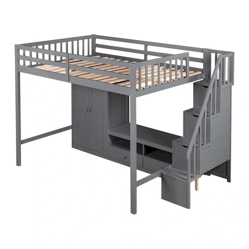 Cama alta de madera maciza tamaño matrimonial con armario, mesa baja de almacenamiento y escalera con espacio de almacenamiento