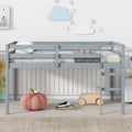 Cama alta de madera de goma gris, tamaño doble, con escalera, plataforma de cama de listones reforzados