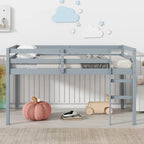 Cama alta de madera de goma gris, tamaño doble, con escalera, plataforma de cama de listones reforzados