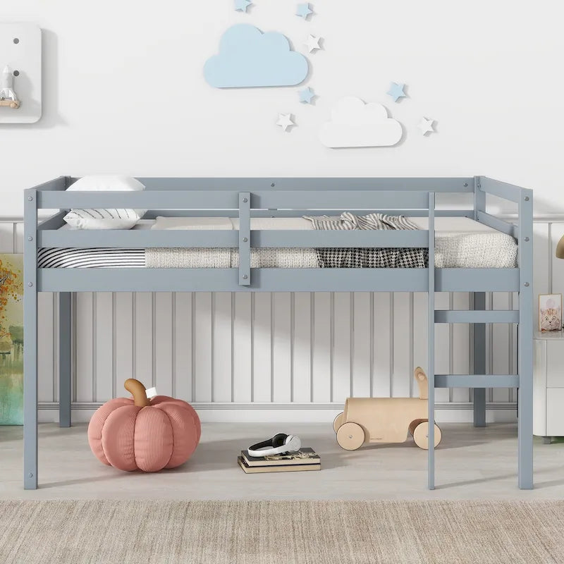 Cama alta de madera de goma gris, tamaño doble, con escalera, plataforma de cama de listones reforzados