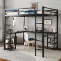 Cama alta de metal de tamaño matrimonial, negra, con escritorio y estantes, cama alta con escalera y barandillas, estructura de cama alta para dormitorio