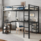 Cama alta de metal de tamaño matrimonial, negra, con escritorio y estantes, cama alta con escalera y barandillas, estructura de cama alta para dormitorio